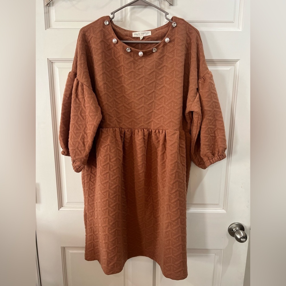 Simply Southern Rust Textured Midi Dress with Pearl Neckline - Picture 3 of 5